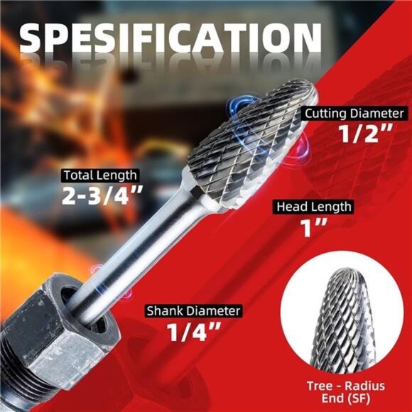 5PCS Tungsten Carbide Rotary Burr Set, SF-5 Double Cut Carbide Burr 1/4" Shank - Picture 4 of 8